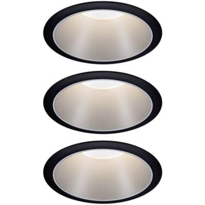 Three identical, round recessed ceiling lights with black frames and diffused lighting in a vertical arrangement.