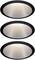 Three identical, round recessed ceiling lights with black frames and diffused lighting in a vertical arrangement.