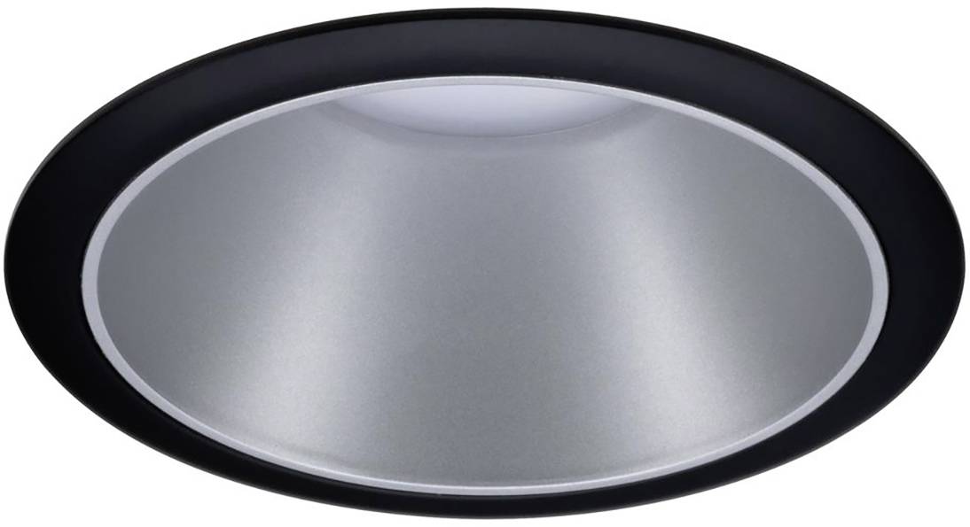 Round, silver ceiling recessed light with a black trim, suitable for modern interiors.