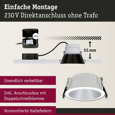 'Simple installation with 230V direct connection, no transformer required. Can be infinitely linked. Includes connection box with double quick-release terminal.'