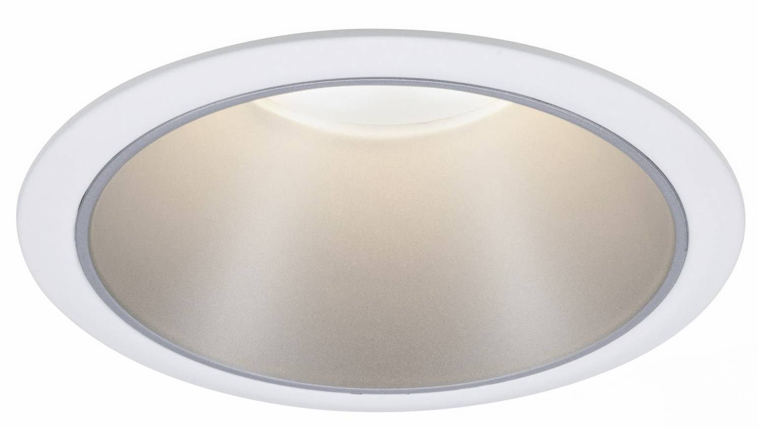 Round ceiling light with white frame and soft illumination, suitable for interior lighting.