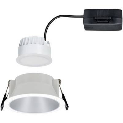 Recessed light fitting with a round, white frame and black cable, suitable for ceiling mounting. Energy-saving LED design.