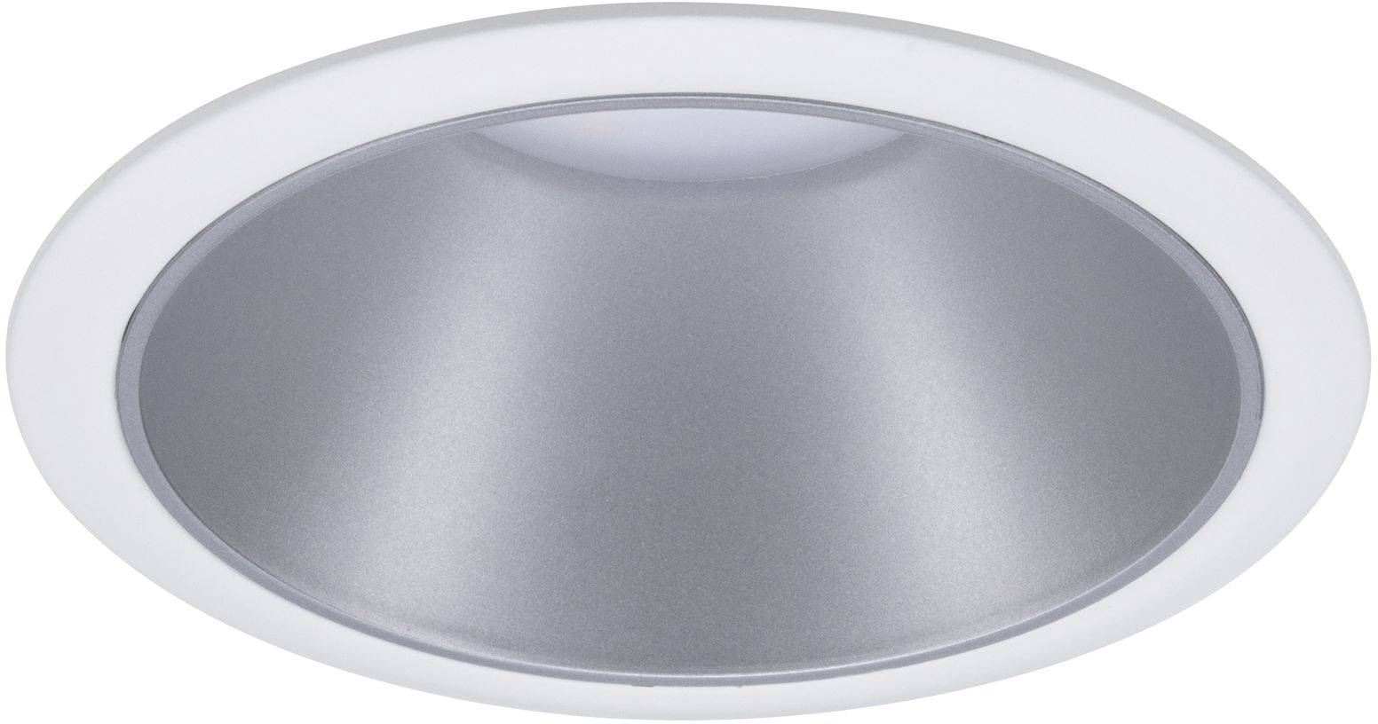 A round, silver recessed ceiling light with a white frame. It emits a diffused, even light.