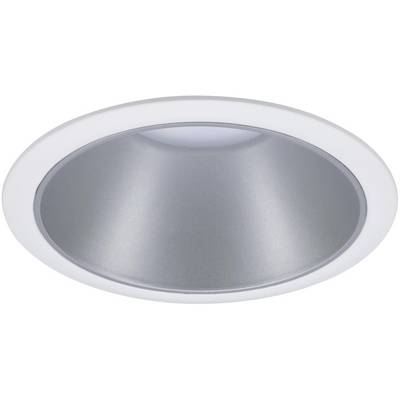 A round, silver recessed ceiling light with a white frame. It emits a diffused, even light.