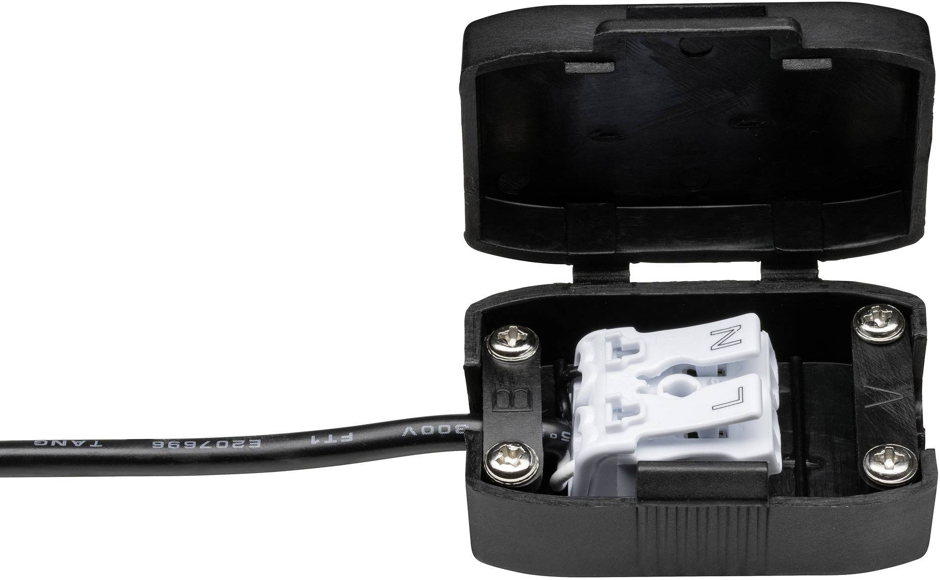 'Electrical socket made of black plastic with an open lid, showing white terminals for wires labelled L and N.'