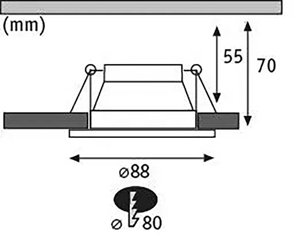 'Diagram of a recessed light fitting with dimensions: height 55-70 mm, diameter 88 mm, aperture 80 mm.'