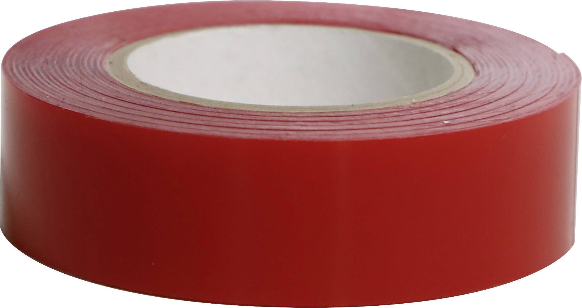 Red sticky tape roll on a white background.