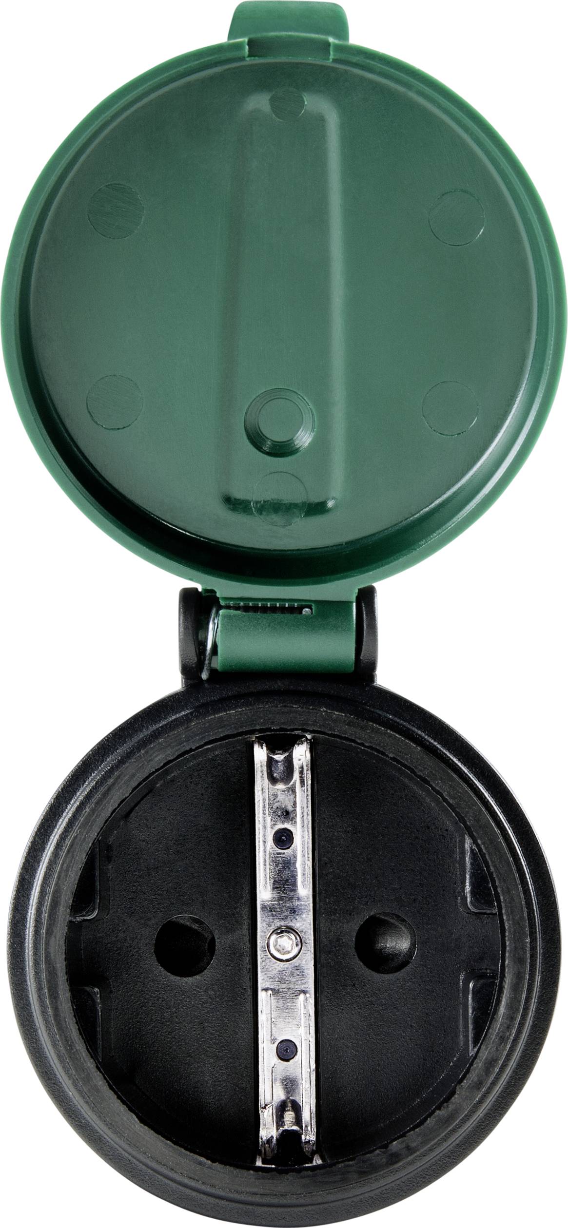 A pencil sharpener with an open, round design, featuring a green lid and black base, suitable for pencils and coloured pencils.
