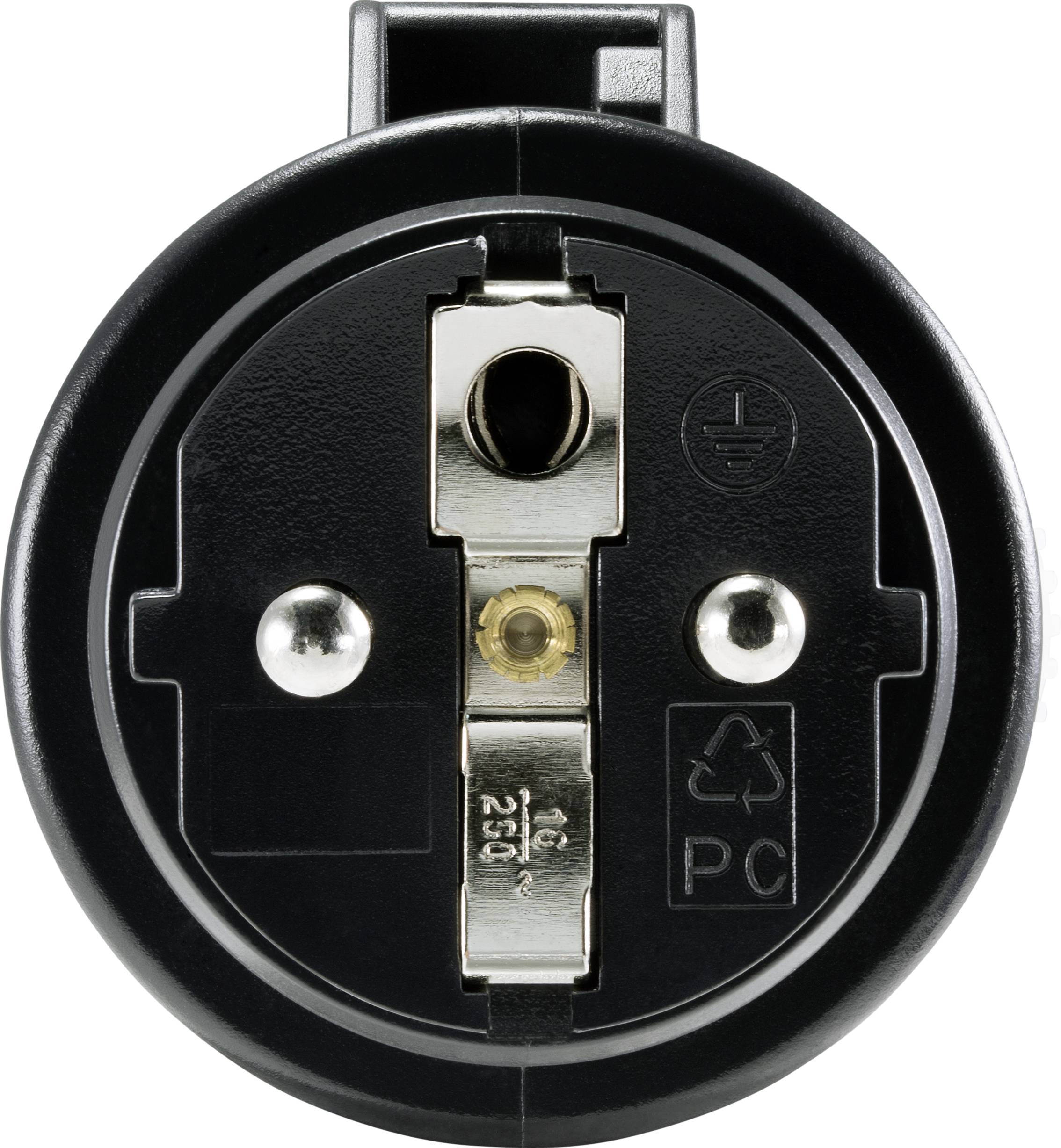 Front view of a round, black plug with two silver contacts and an earth symbol in the centre.