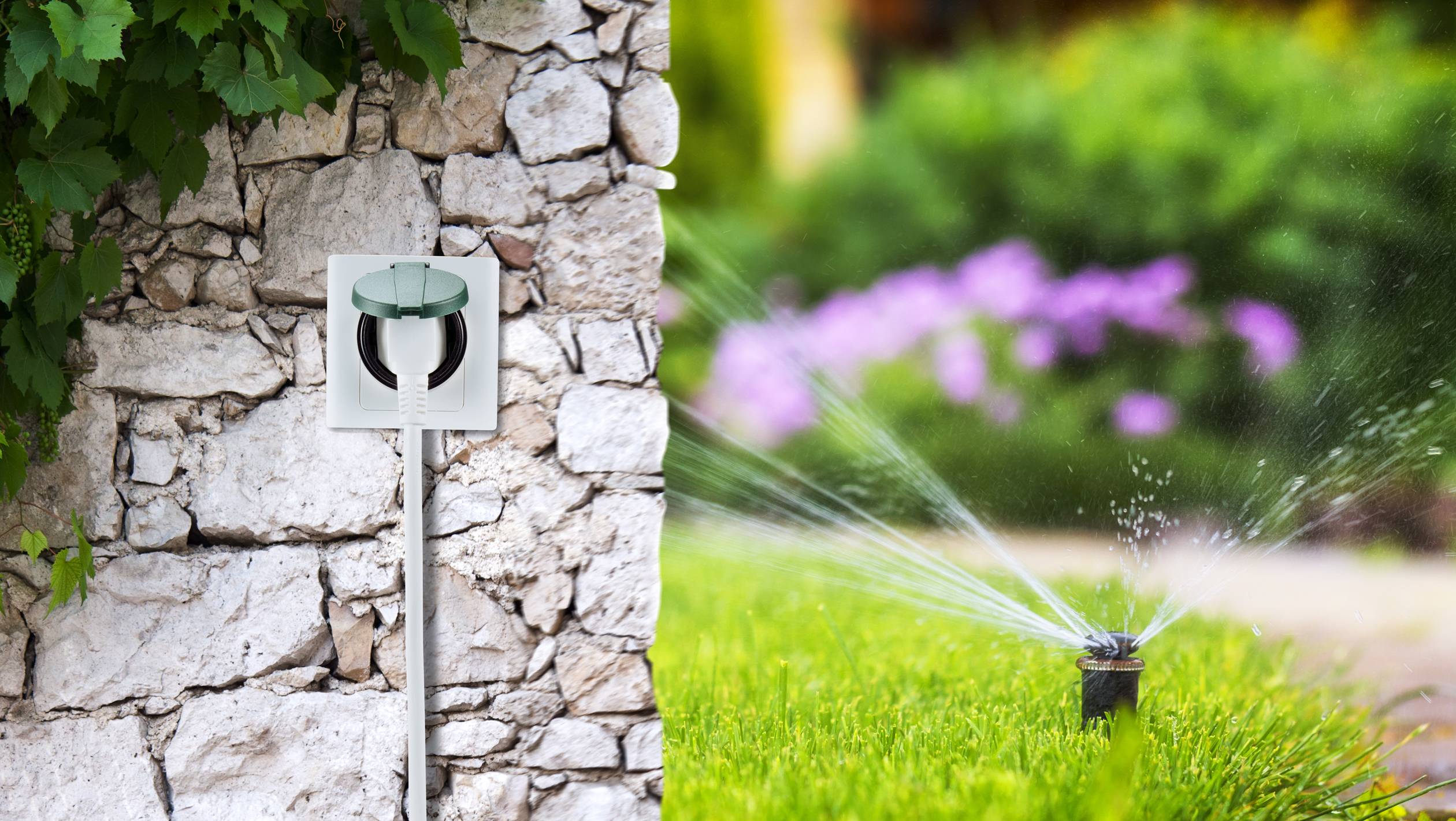 'Power socket on stone wall with garden sprinkler in the background. The sprinkler is watering the green grass.'