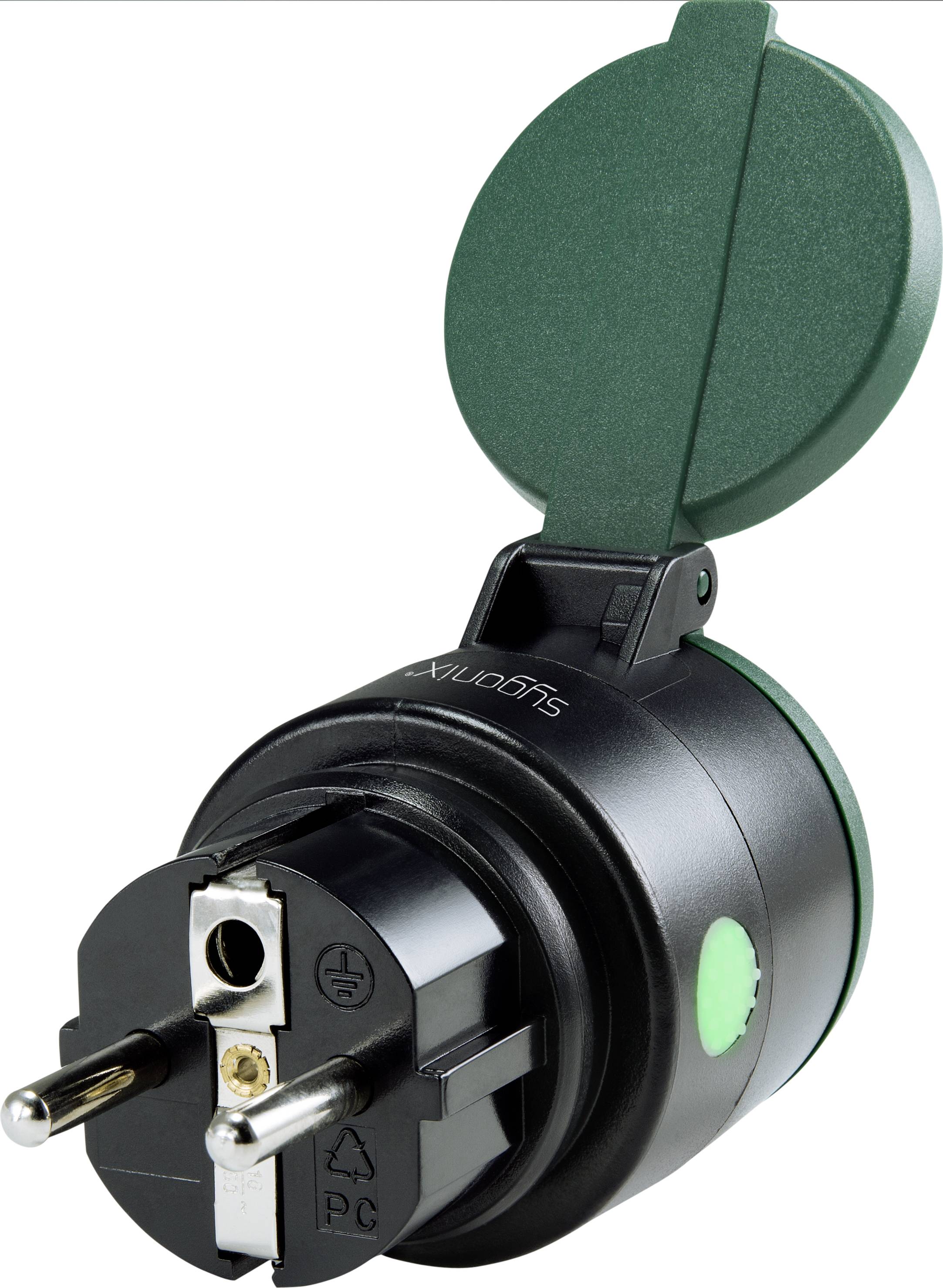 A black, round Schuko plug with an open green protective cap, Type F, for European socket outlets.