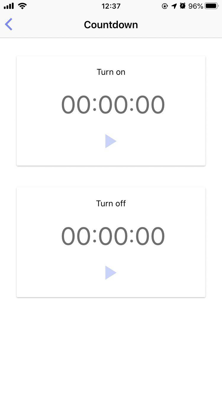 Screenshot of a countdown app with two timers: Above 'Turn on' 00:00:00, below 'Turn off' 00:00:00, both with a start button.