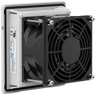 Fan with a black protective grille and grey housing, side view. Used for ventilation and cooling in technical installations.