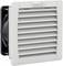A grey ventilation grille with louvres, mounted on a black casing, serves to ventilate or cool devices.