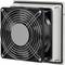 Black extractor fan with protective grille, mounted in a white casing.