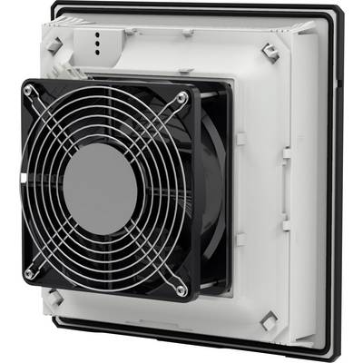 A white, square ventilation fan with a black grille, mounted on a wall. It serves for ventilation and has a modern design.