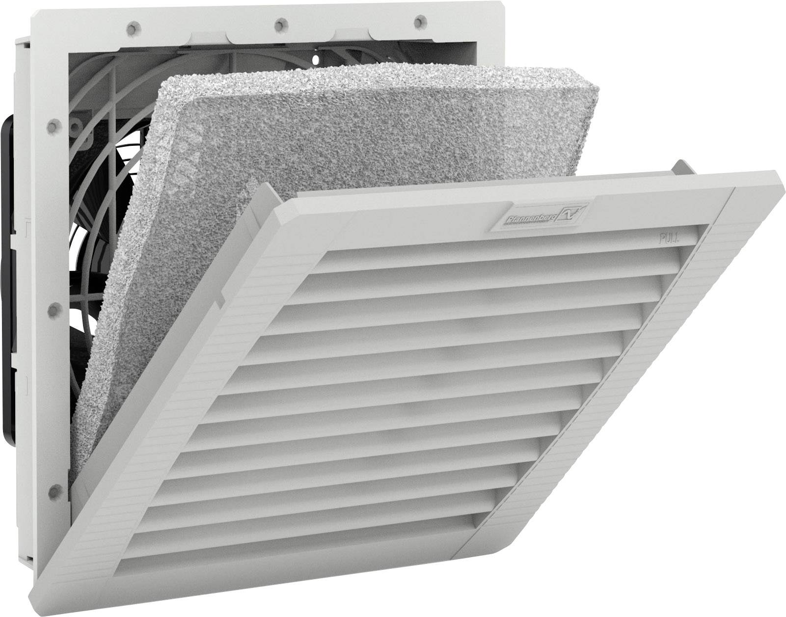 A white ventilation filter with an open grille, revealing the filter foam behind it, used for device ventilation.
