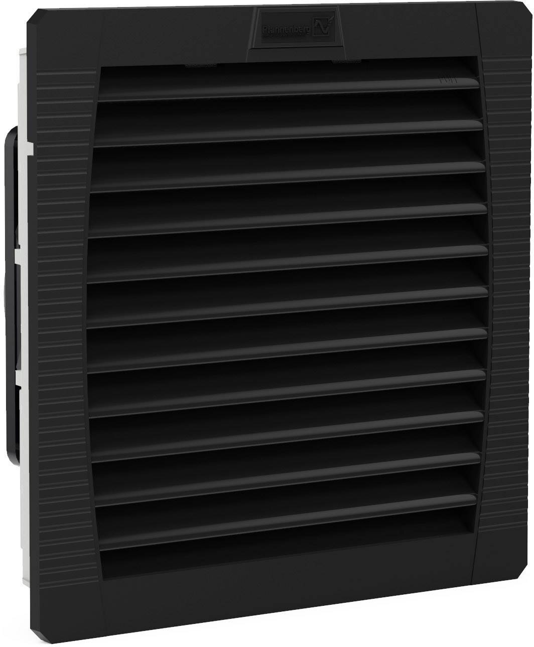A black ventilation grille with horizontal louvres, designed for ventilation and air circulation in technical equipment.