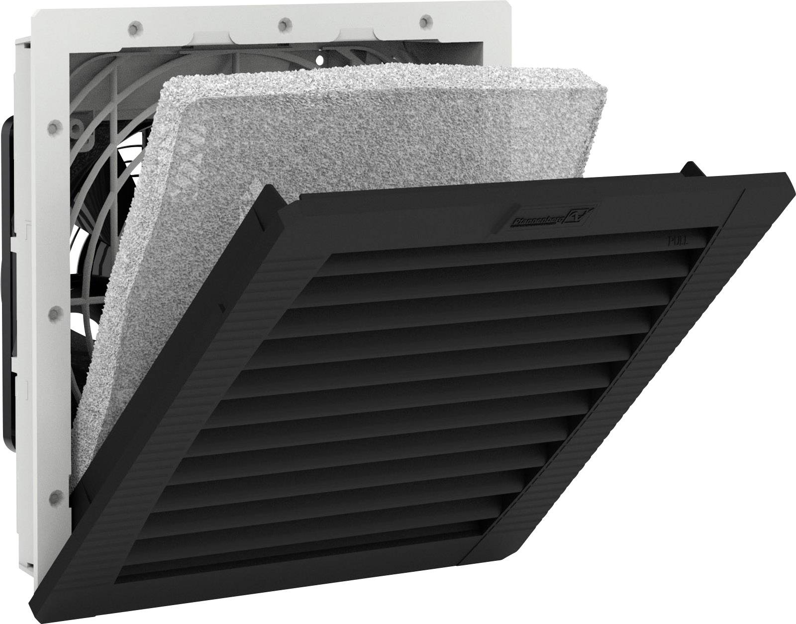 Ventilation grille with built-in fan and removable filter insert in a black frame. Suitable for case cooling.