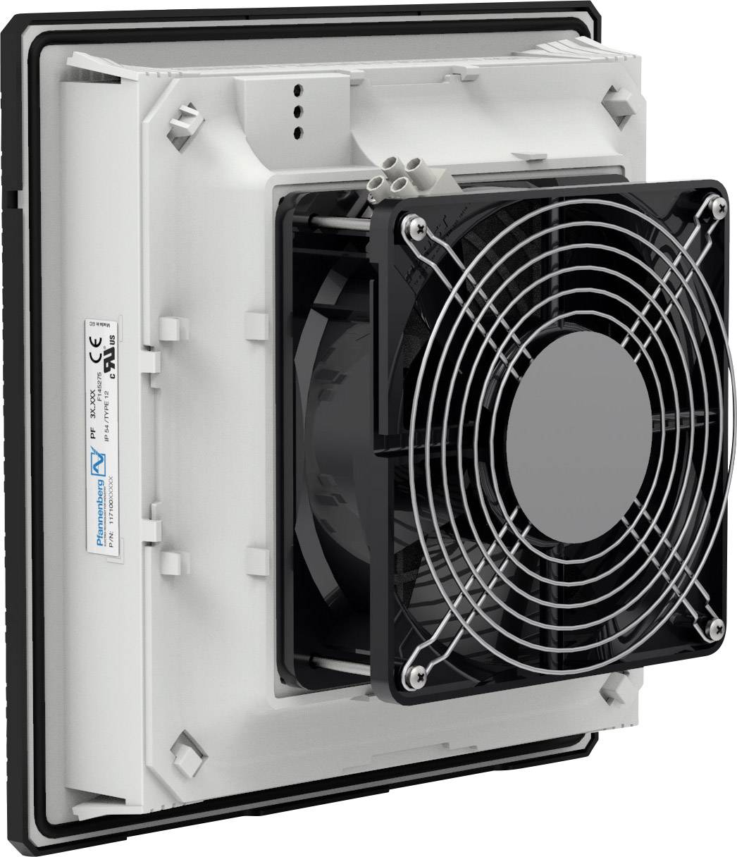 Ventilator with a white casing and black grille, mounted on a square plate, for ventilating electronic devices.