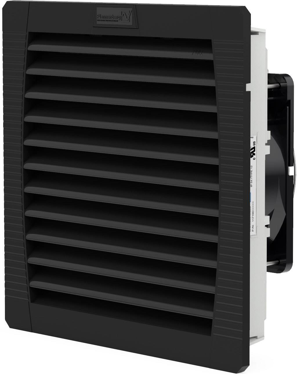 Black ventilation grille for rectangular area, side fan unit visible. Used for ventilation and cooling of equipment.
