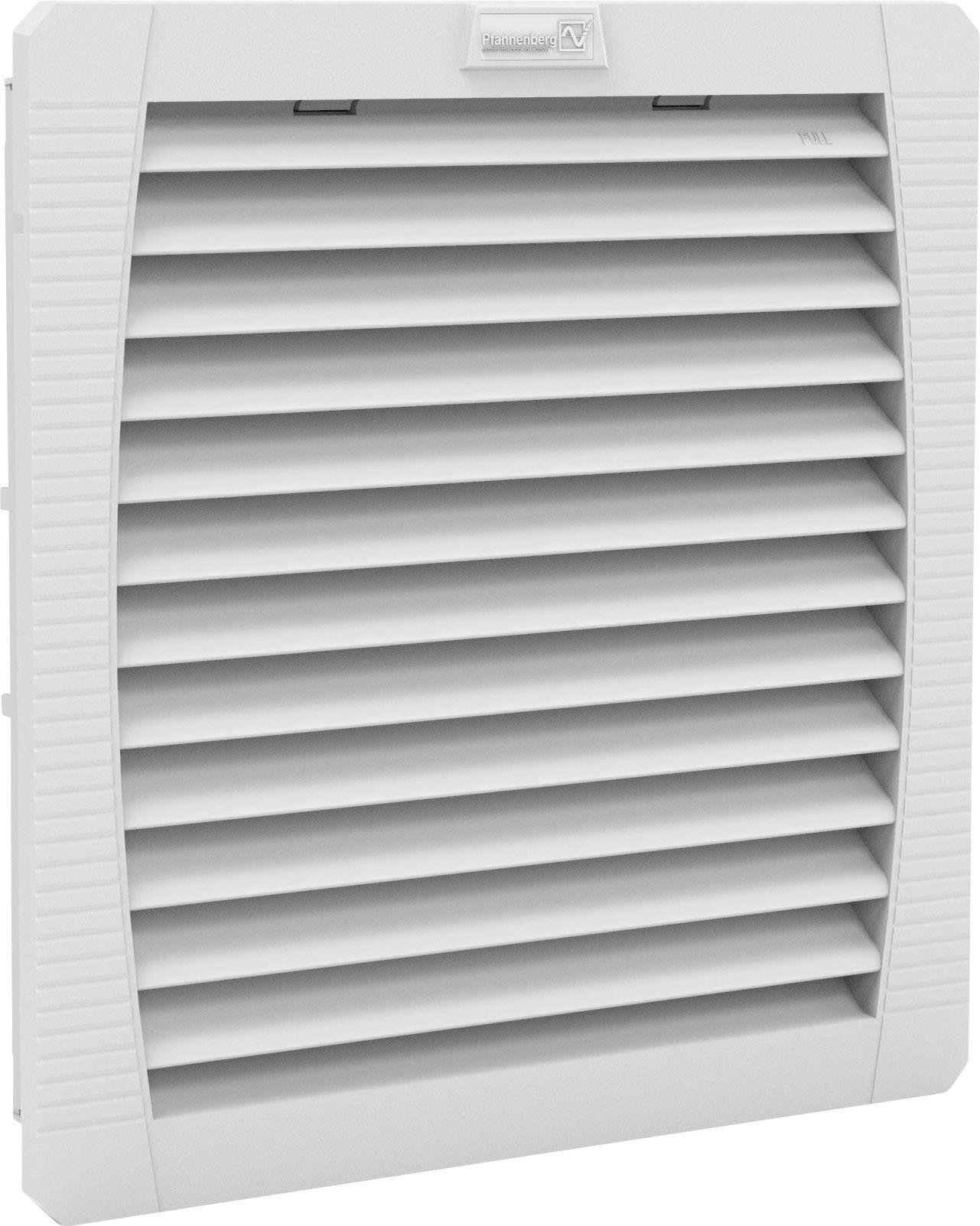 A square, grey plastic ventilation grille cover with horizontal louvres, suitable for wall mounting.