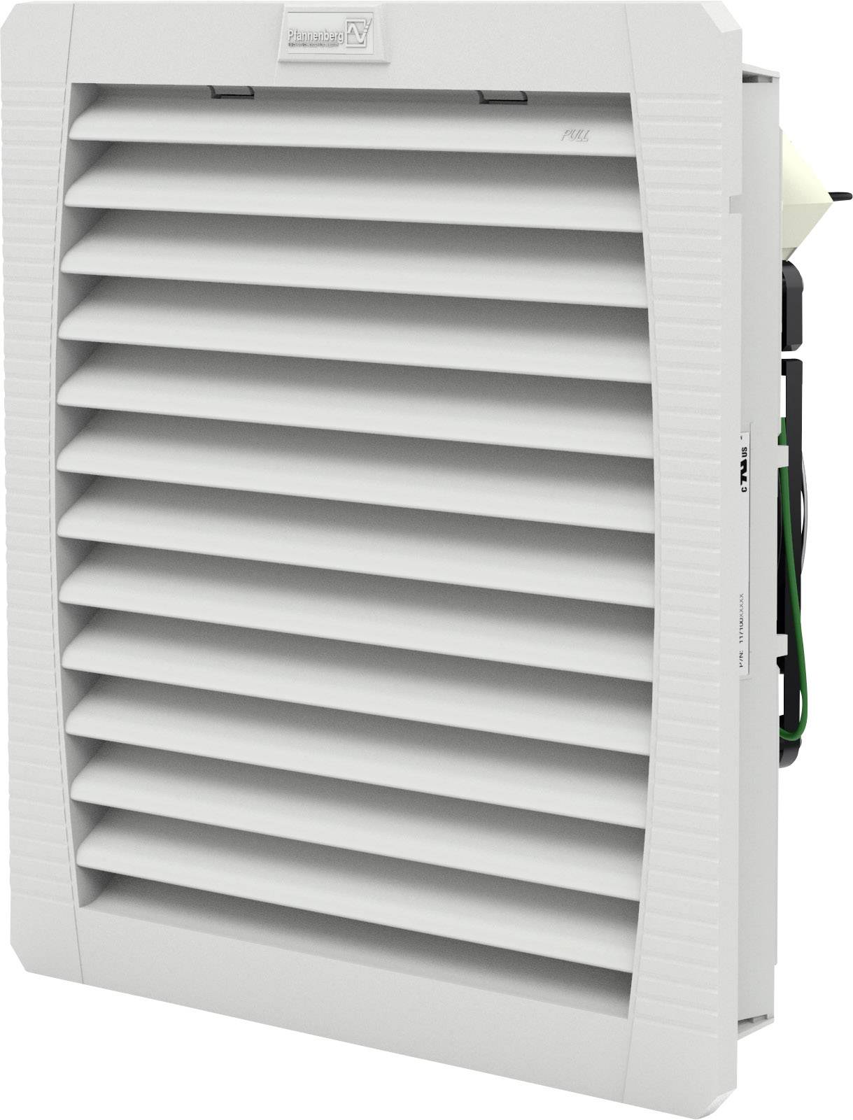 A rectangular ventilation fan in a white housing with horizontal louvres for ventilating electrical enclosures.