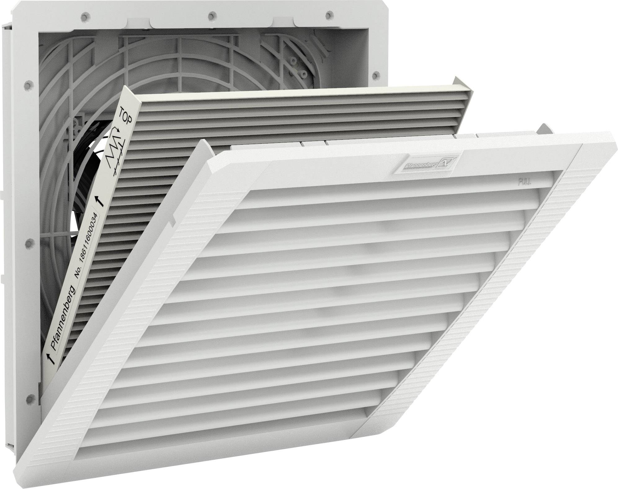 A square ventilation filter is shown at an angle. A filter element is partially removed to make the internal structure visible.