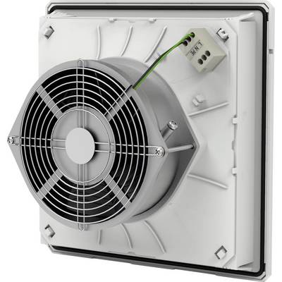 A square electric fan with a metal grille and power cable, mounted on a white base.