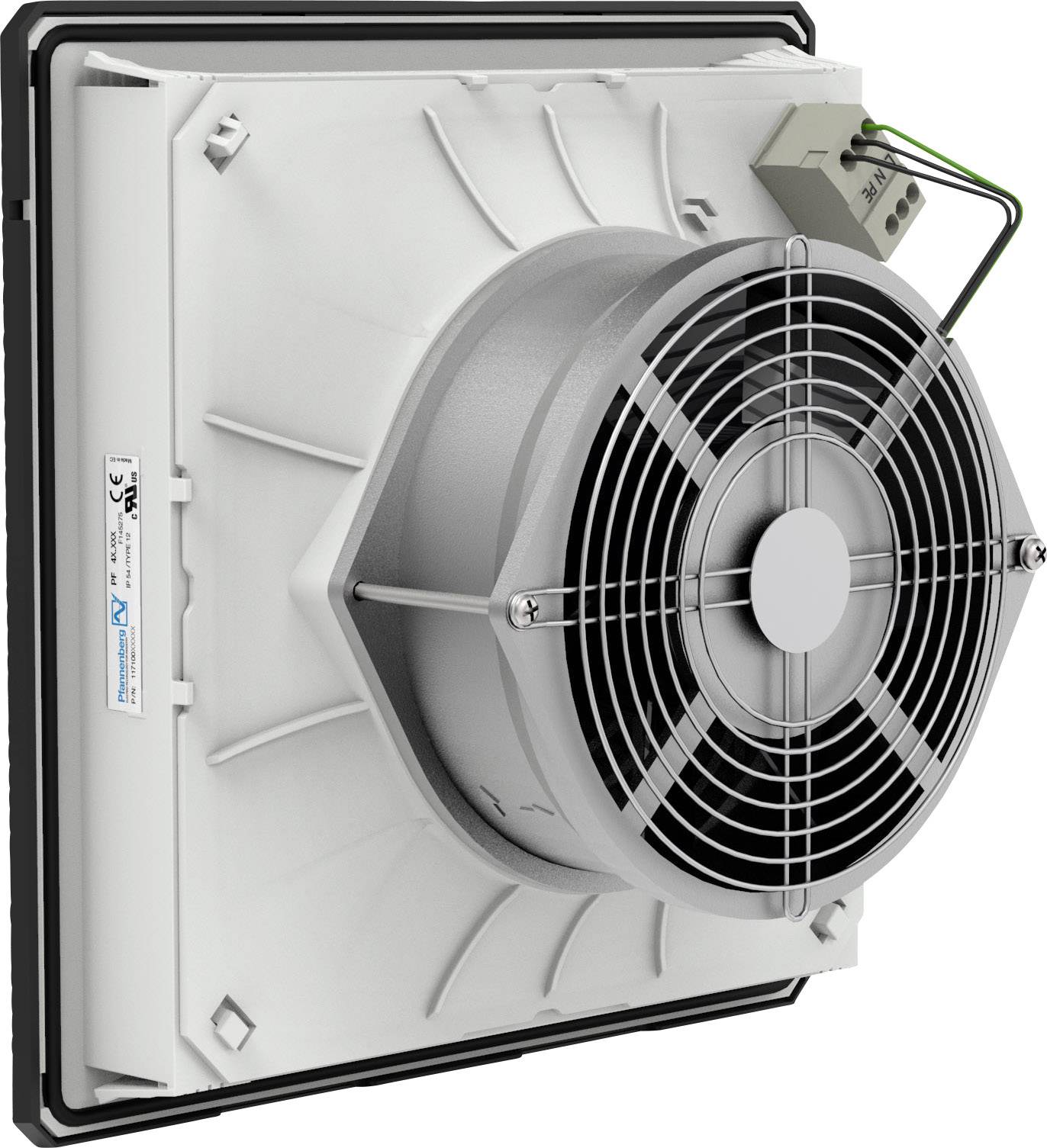 Industrial ventilator mounted in housing, showing a ventilation grille with cable connection, suitable for industrial applications.