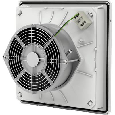 A white electric fan with a grille in the middle. A green cable with a small white plug is connected at the top right.