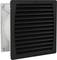 'Black fan filter with horizontal louvres, rectangular, mounted on a white housing. Ideal for ventilation systems.'