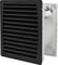 Black ventilation grille cover with diagonally running louvres, interior revealing electrical connections.