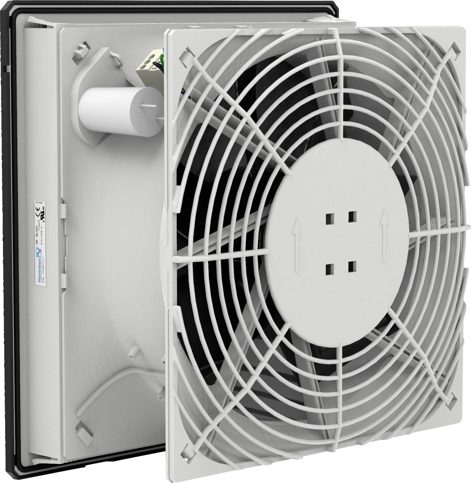 A rectangular fan with a grille on the front is open to reveal its internal components.