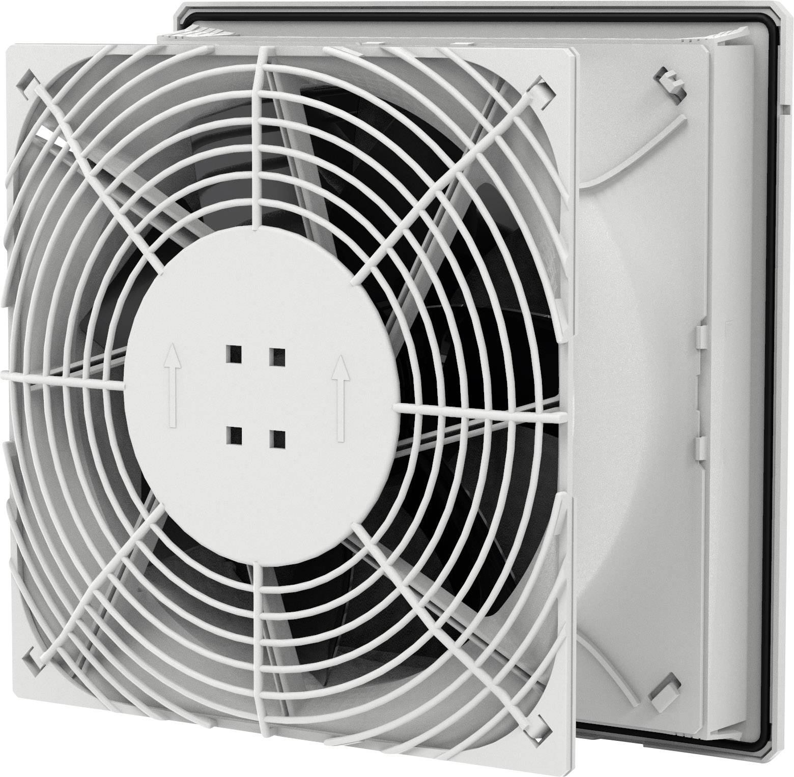 A square ventilation fan with white louvres and a protective grille, suitable for wall mounting in interior spaces.