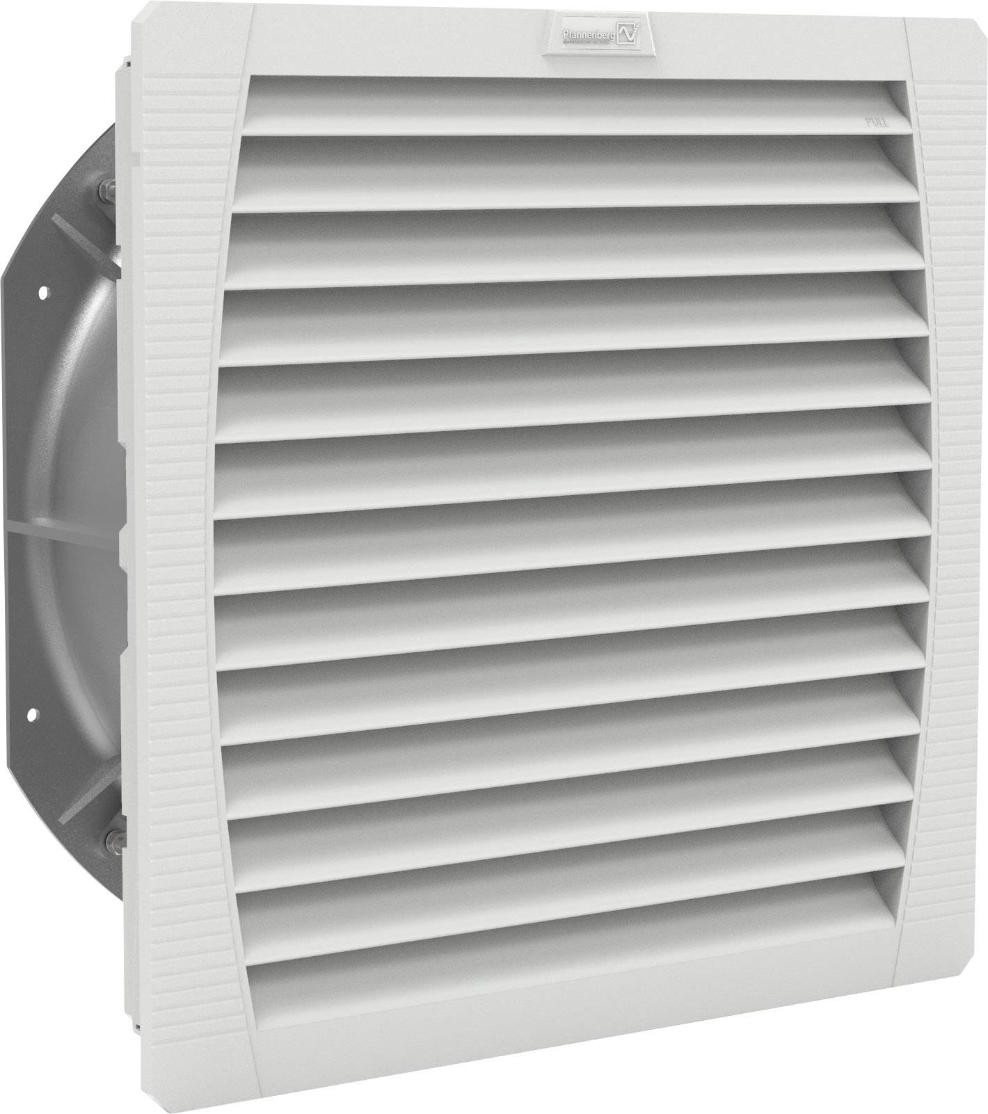 Ventilation grille in a square shape with horizontal louvres, grey, for wall or device installation.