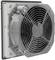 An industrial fan with a metal grille, rectangular housing, and electrical connections. Suitable for technical or industrial applications.