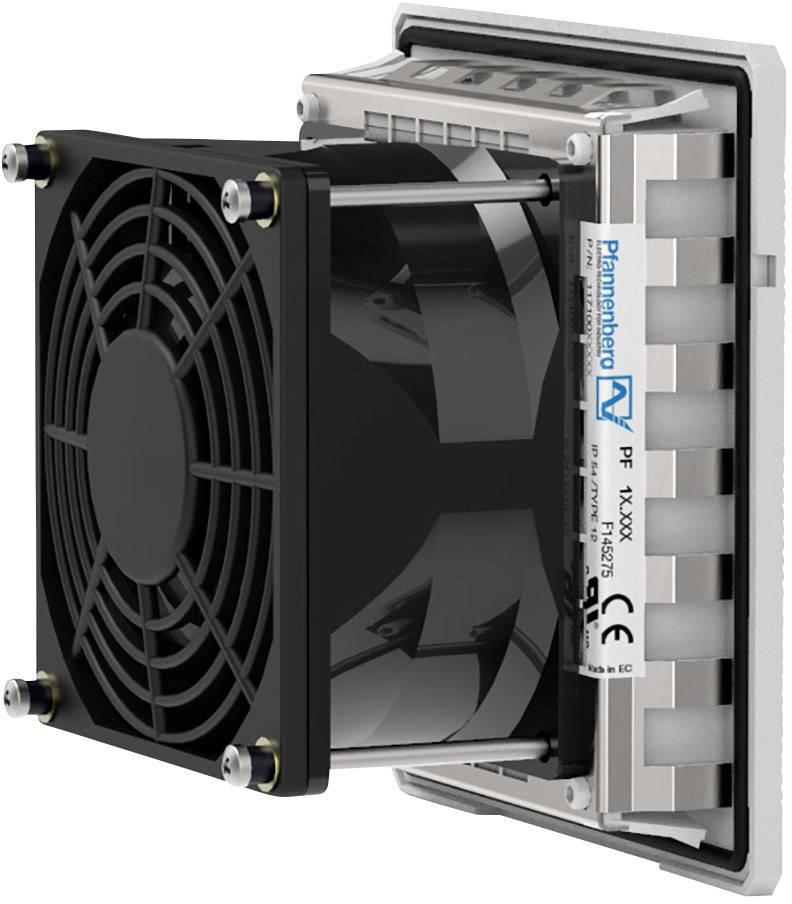Ventilator in a rectangular housing, side view. Black fan is mounted, suitable for industrial cooling.