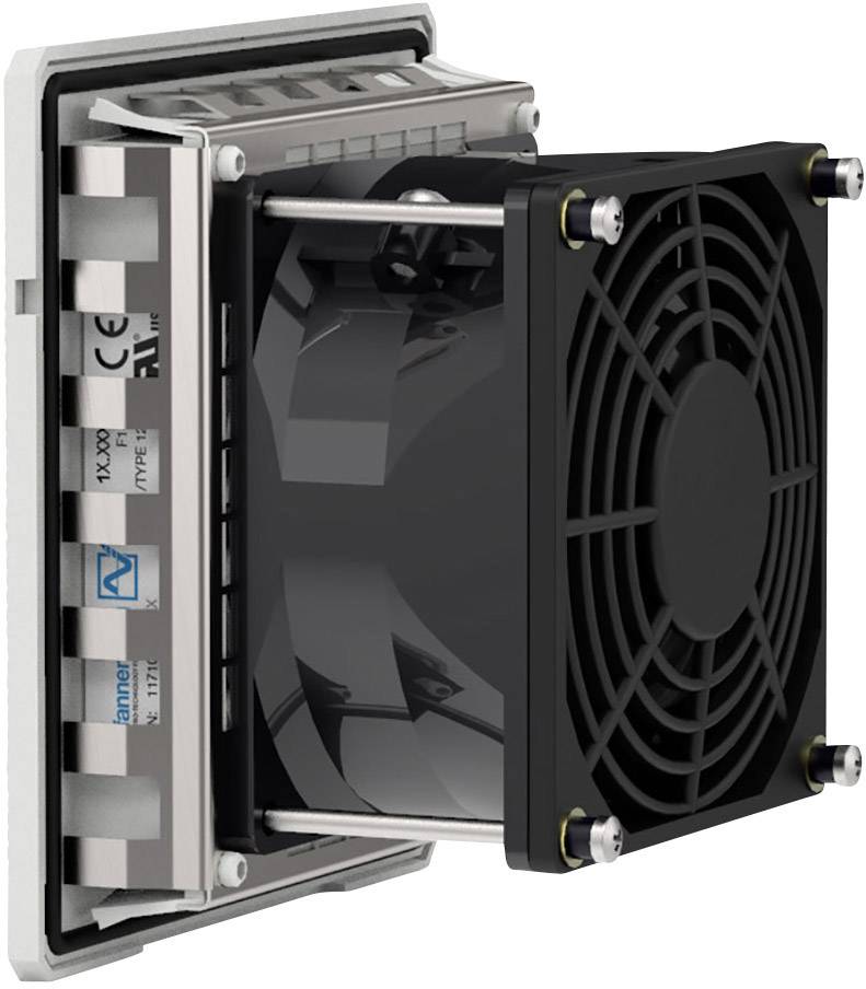 Black axial fan with metal fittings and screws, mounted on a rectangular bracket. Fan blades visible, marked with CE marking.