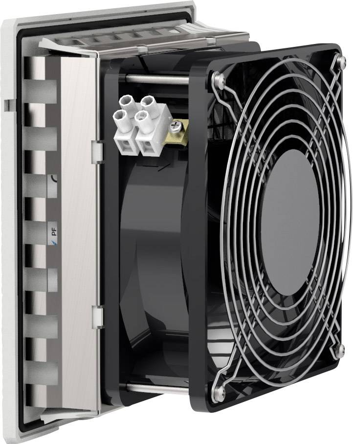 Industrial fan with protective cover and connection cable, suitable for cooling technical equipment or electrical cabinets.