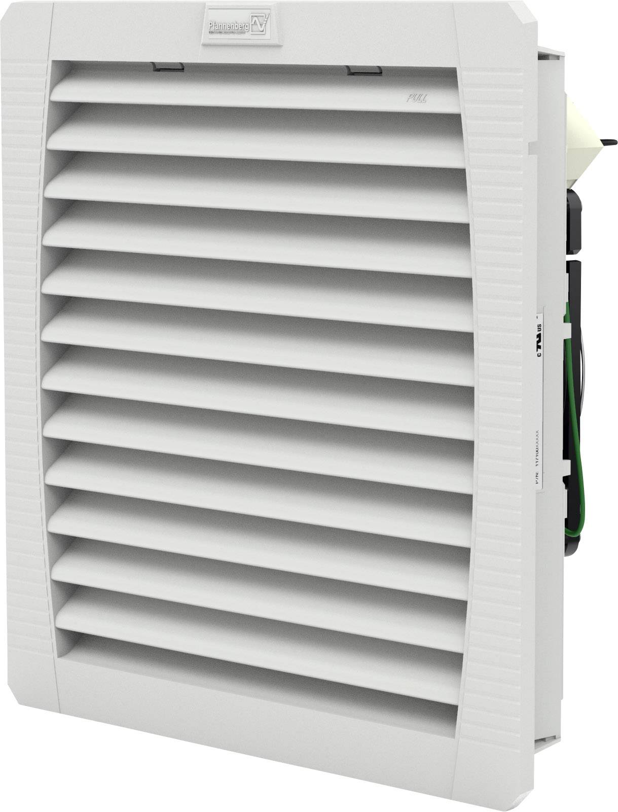 White ventilation cover with horizontal louvres. Fan visible on the right inner side.