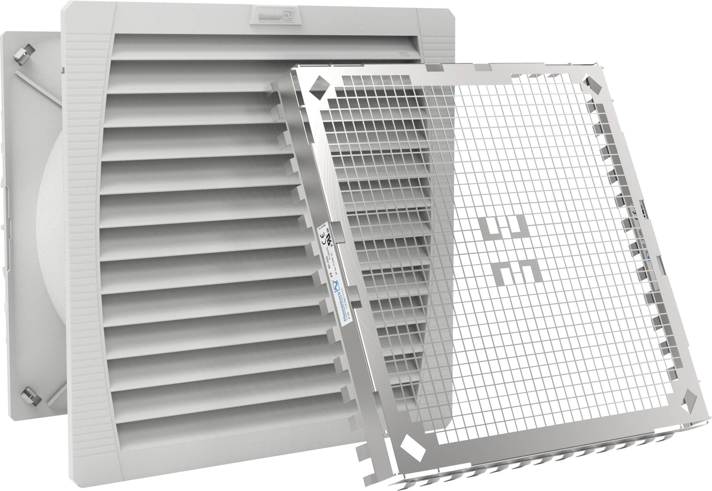 A rectangular filter fan with a protective grille in a white enclosure. It is used for ventilation and filtration in technical applications.
