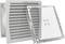 A rectangular filter fan with a protective grille in a white enclosure. It is used for ventilation and filtration in technical applications.
