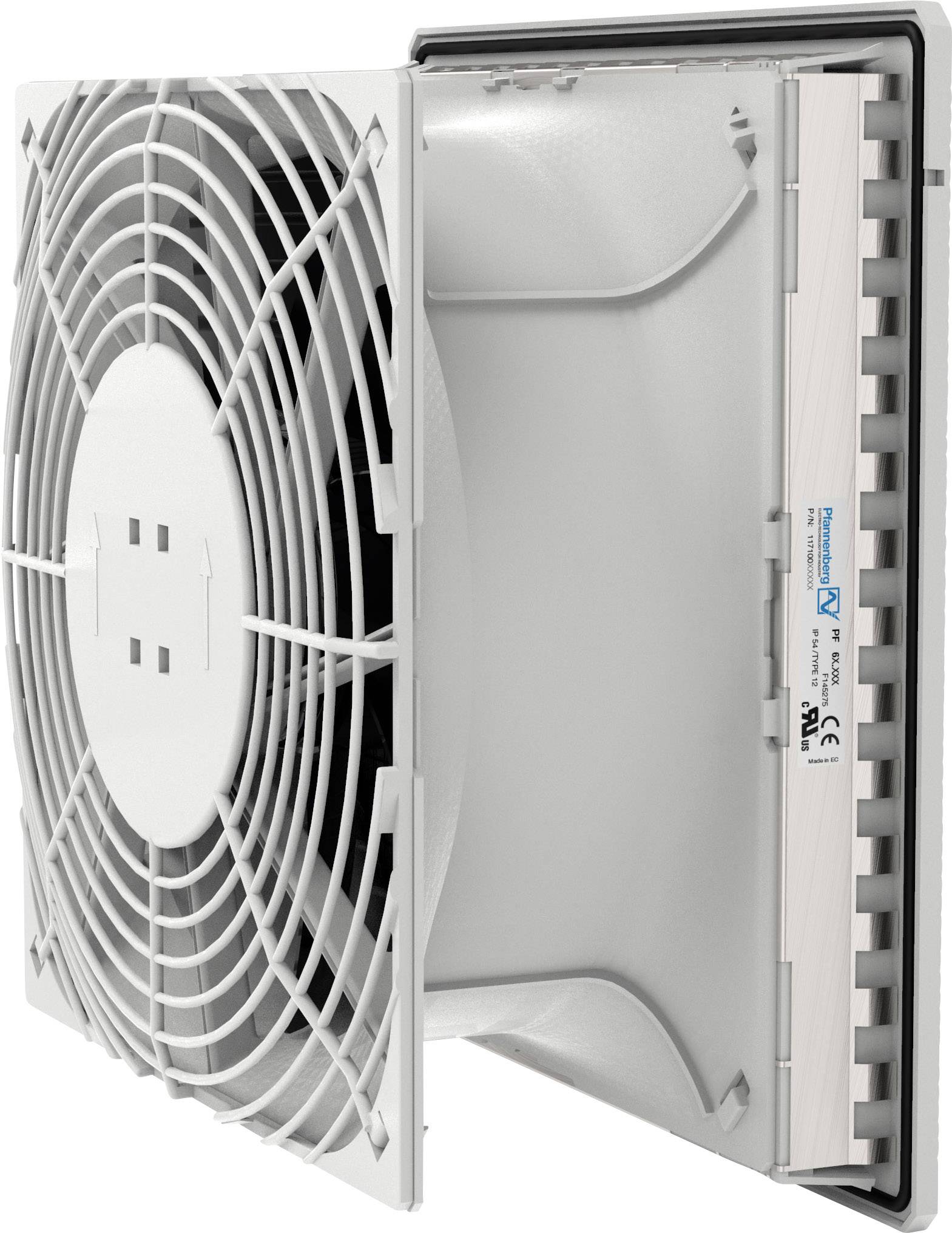 A square ventilation fan with a grid cover, mounted in a rectangular opening. Technical information is displayed on the label.