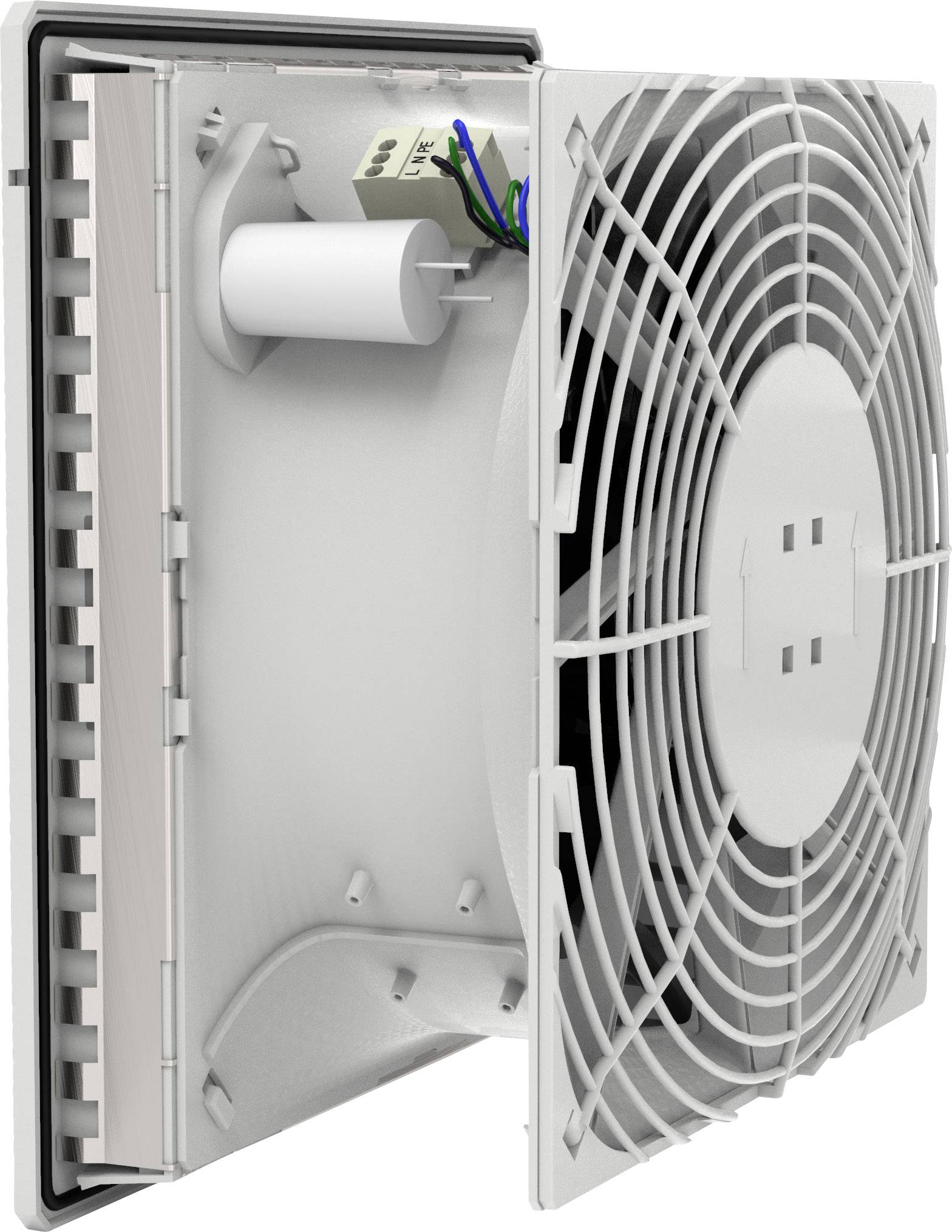 A square wall fan in an enclosure with visible cables and a cylindrical component behind it.