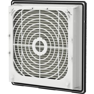 A white ventilation grille frame with a circular perforated mesh, mounted on a square black base.
