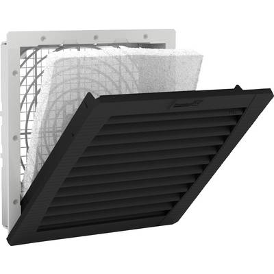 Ventilation grille with integrated filter insert, consisting of a black outer grille and a grey inner filter, shown in perspective view.
