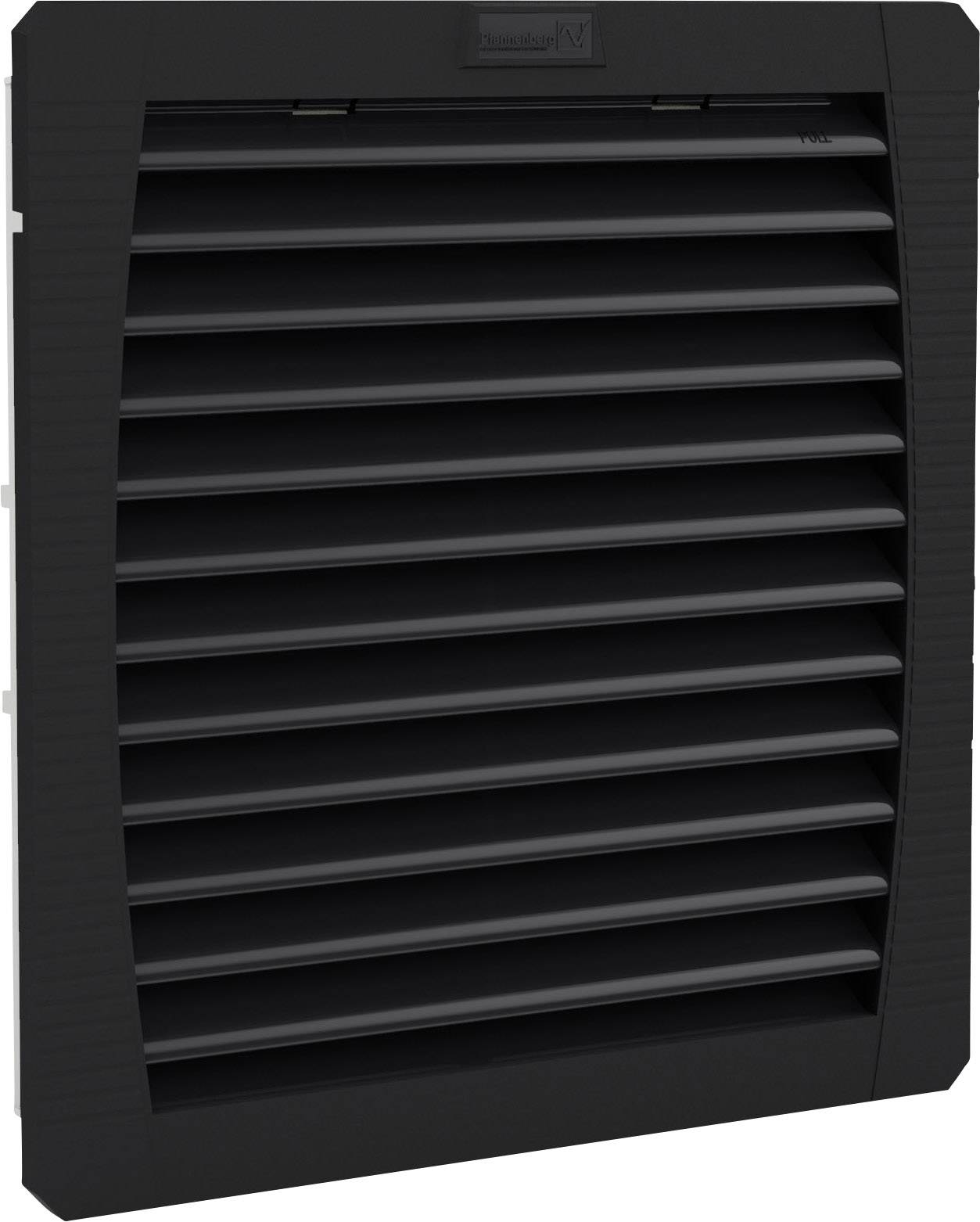 Black ventilation grille with horizontal louvres, for air conditioning or ventilation of enclosures or rooms.