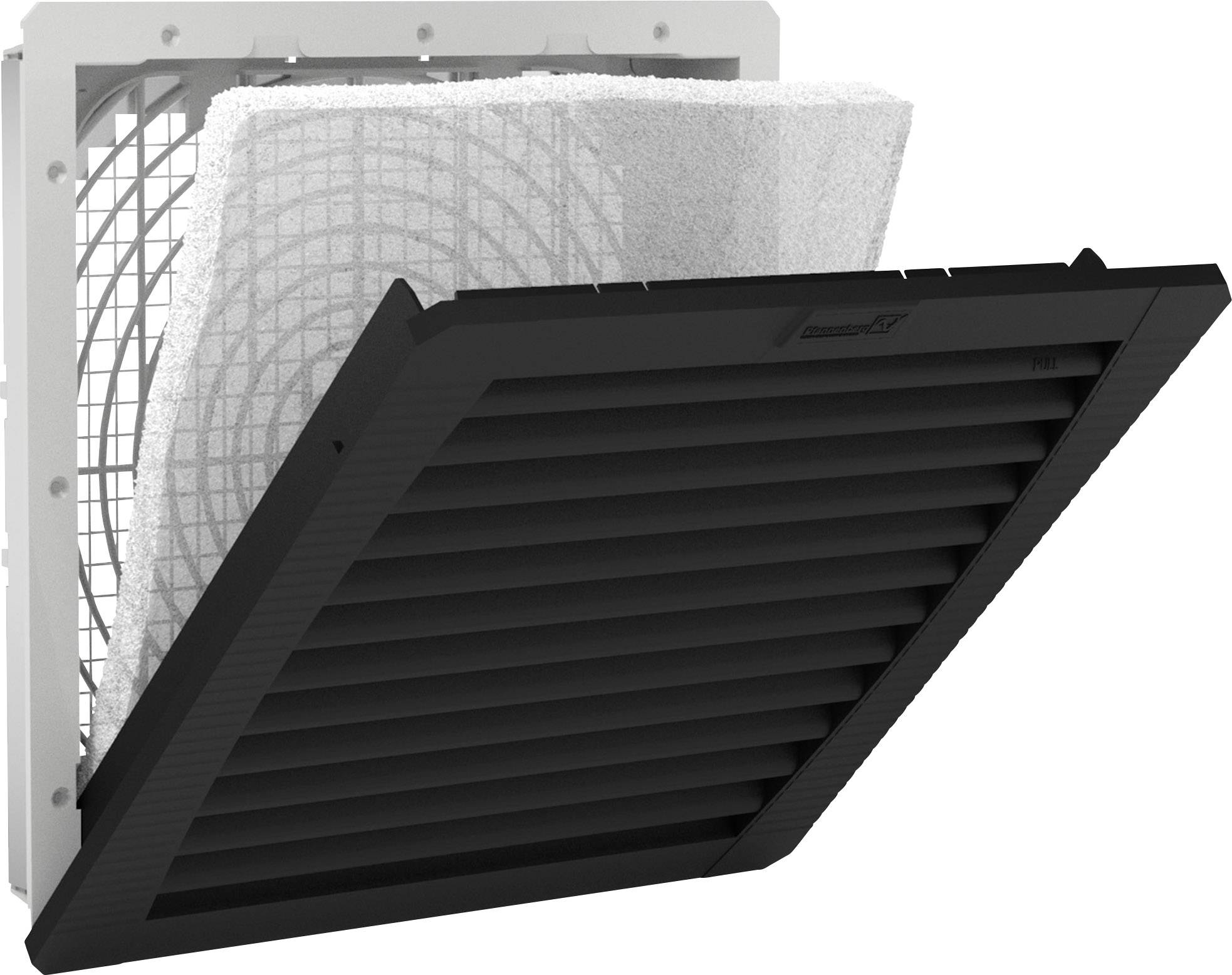 A black ventilation grille with a removable filter shows the structural composition of a ventilation system.