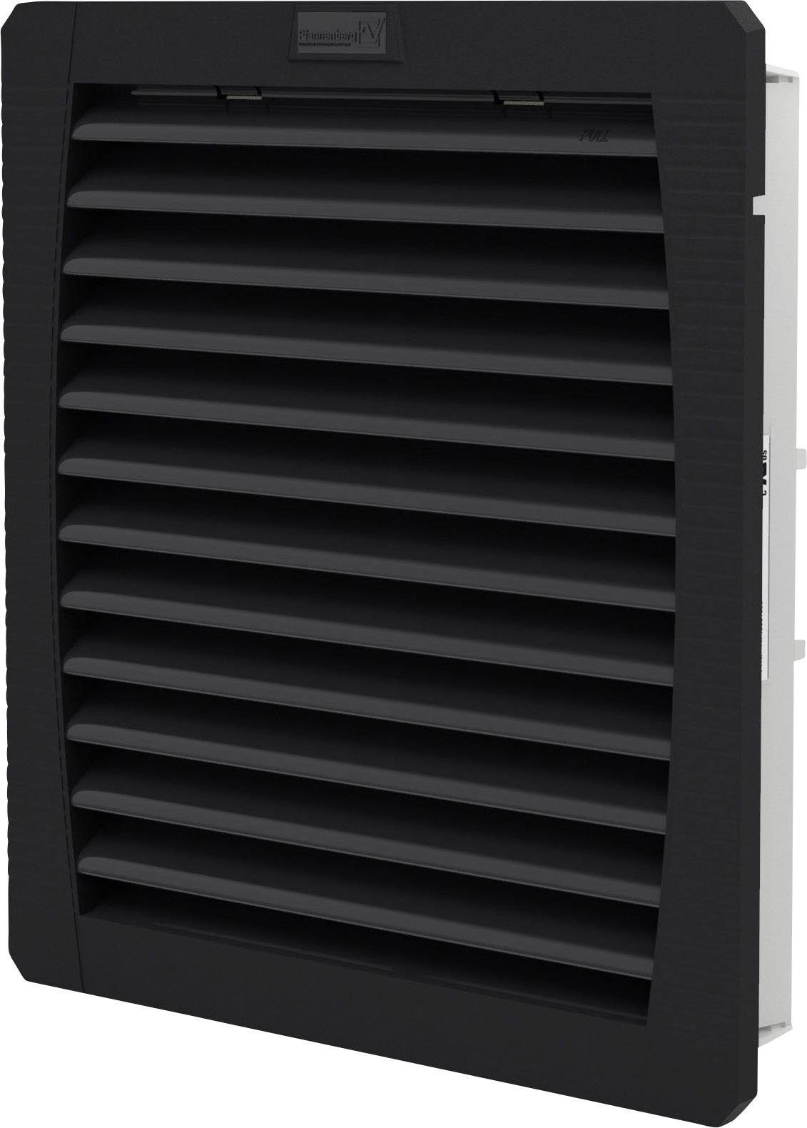 A black ventilation grille with horizontal louvres, mounted on a wall, is used for ventilating rooms or equipment.